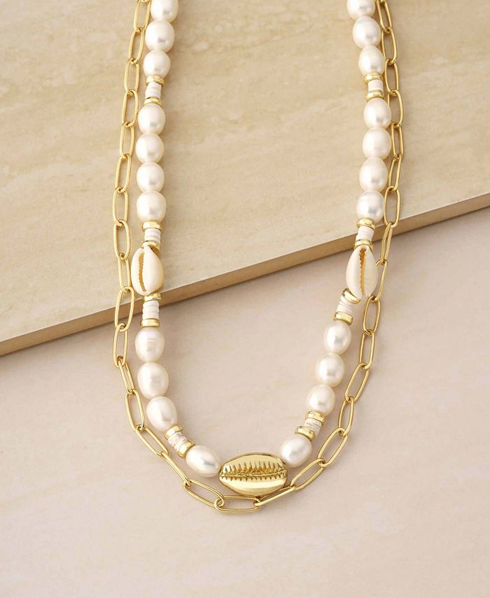 ETTIKA Double Layered Gold-Plated Chain Freshwater Pearl Shell Necklace ...