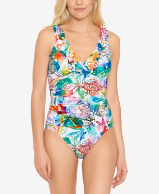 로렌 랄프로렌 Lauren Ralph Lauren Ruffled Underwire Tummy-Control One-Piece Swimsuit,Tropical Caribbean