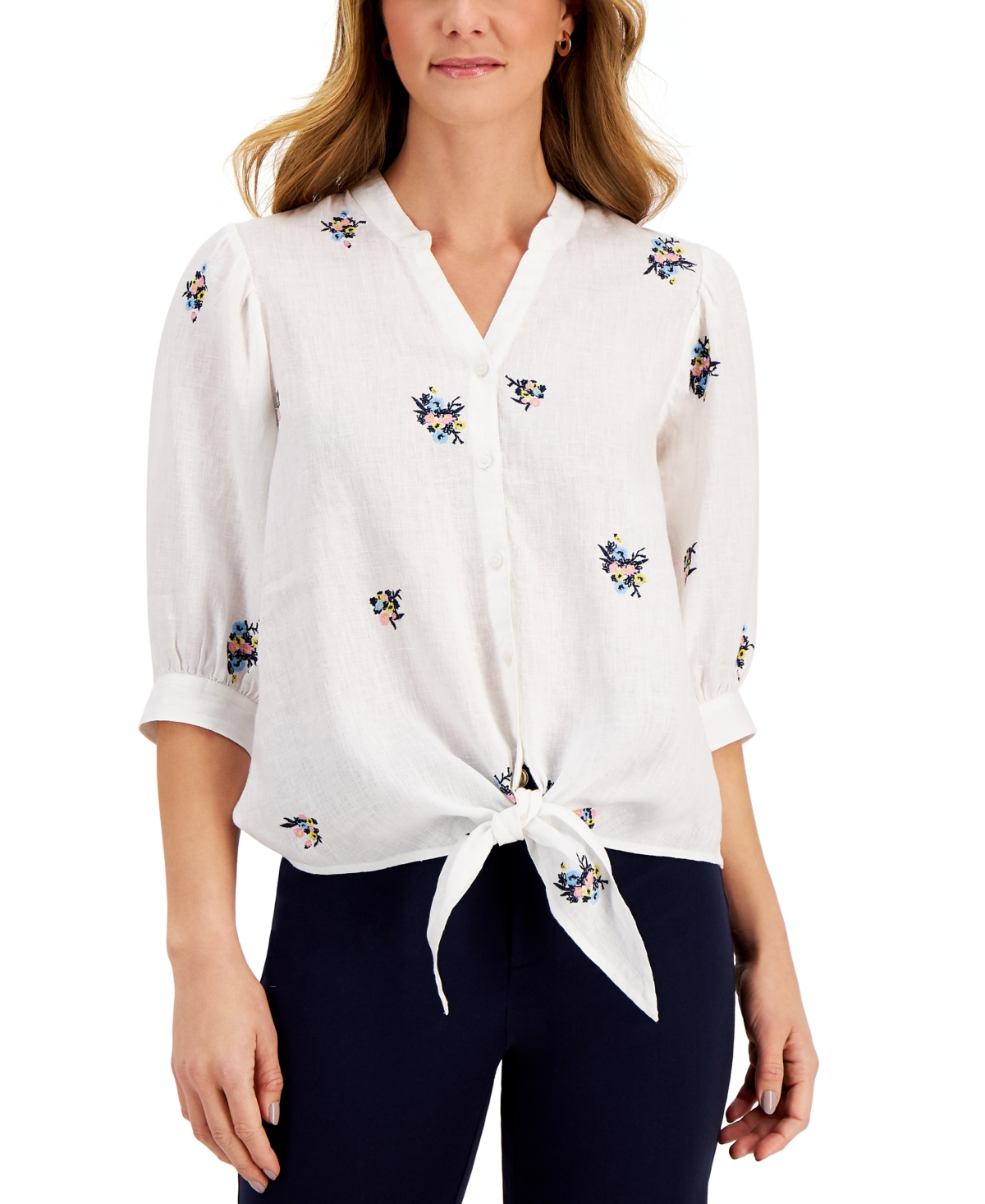 Charter Club Linen Embroidered 3/4-Sleeve Blouse, Created for Macy's