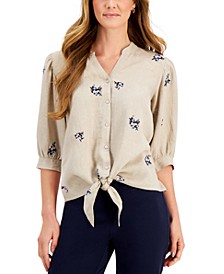 Linen Embroidered 3/4-Sleeve Blouse, Created for Macy's