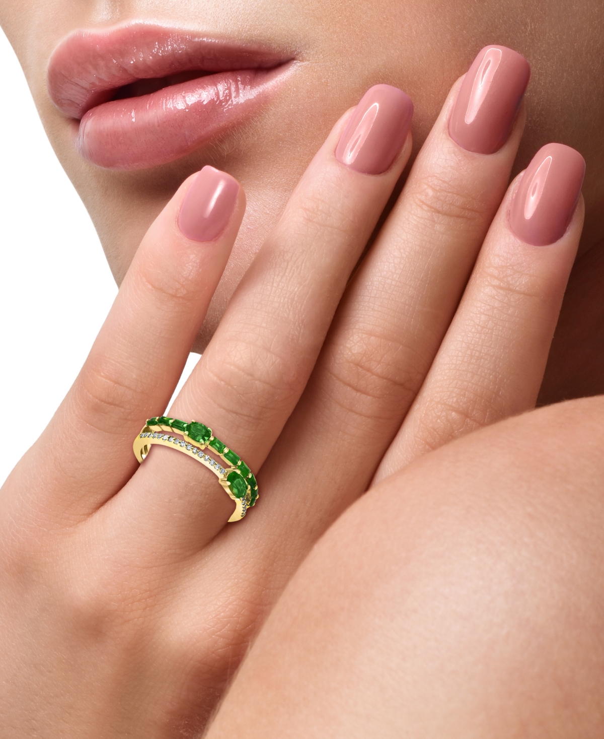 Effy(3/4 ct. t.w.) & Diamond (1/10 ct. t.w.) Stack Look Double Row Ring in 14k Gold - Emerald