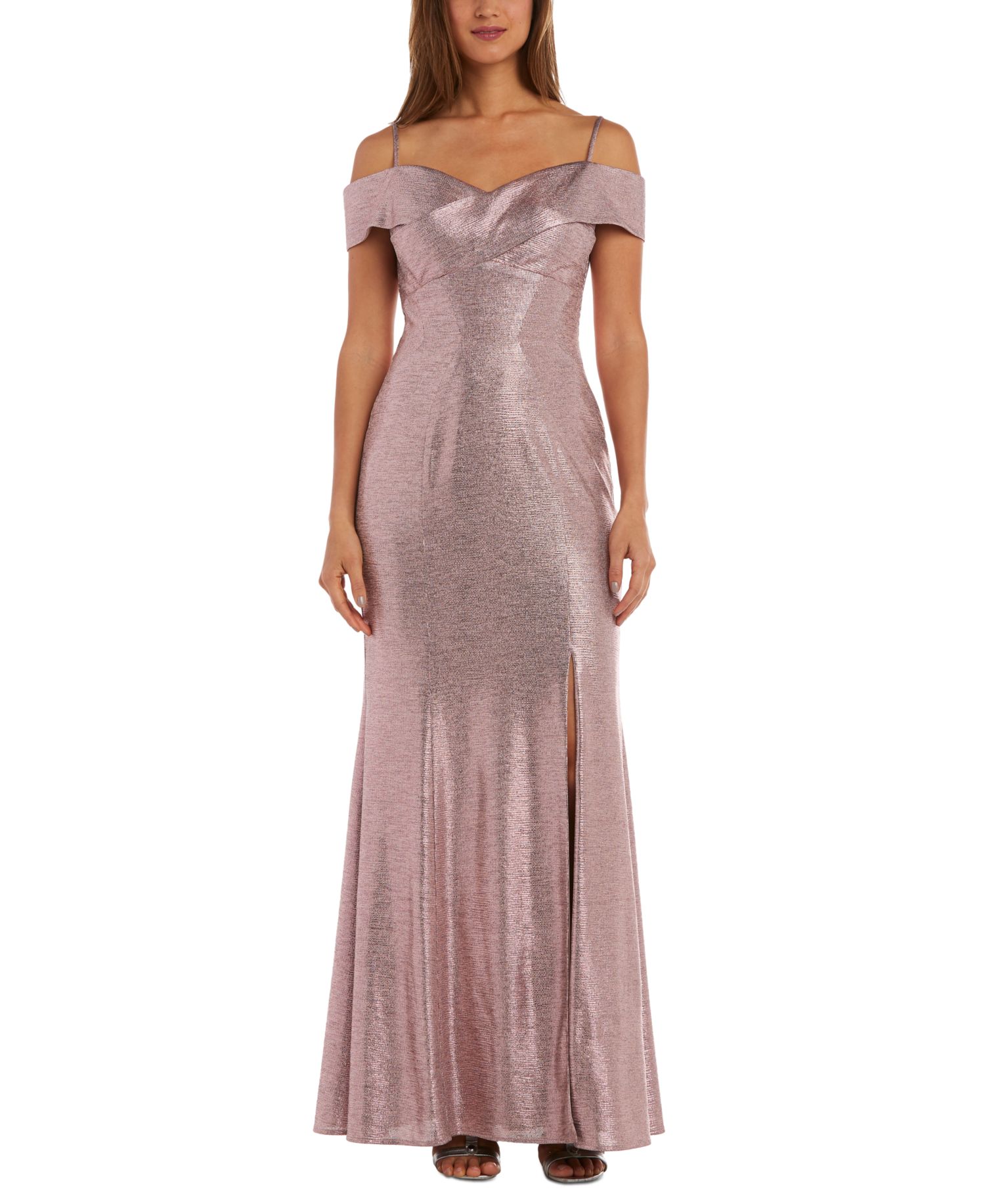 Nightway Cold-Shoulder Foil Gown