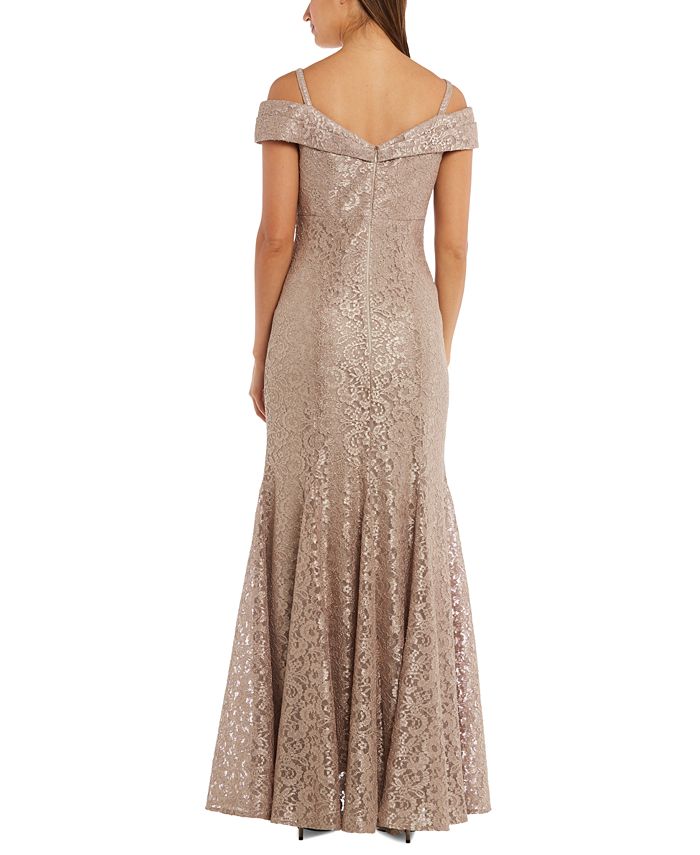 R & M Richards Women's Off The Shoulder Lace Gown Brown Size 14
