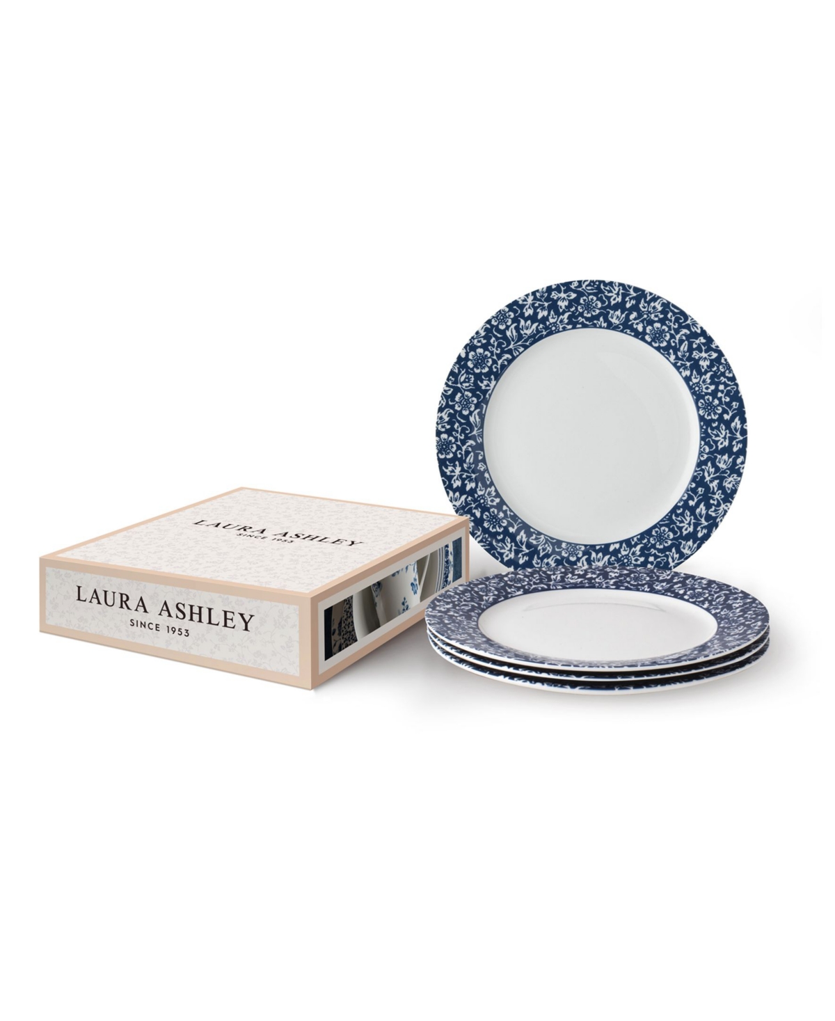 Closeout! Laura Ashley Blueprint Collectables Sweet Allysum Plates in Gift Box, Set of 4 - White with Blue