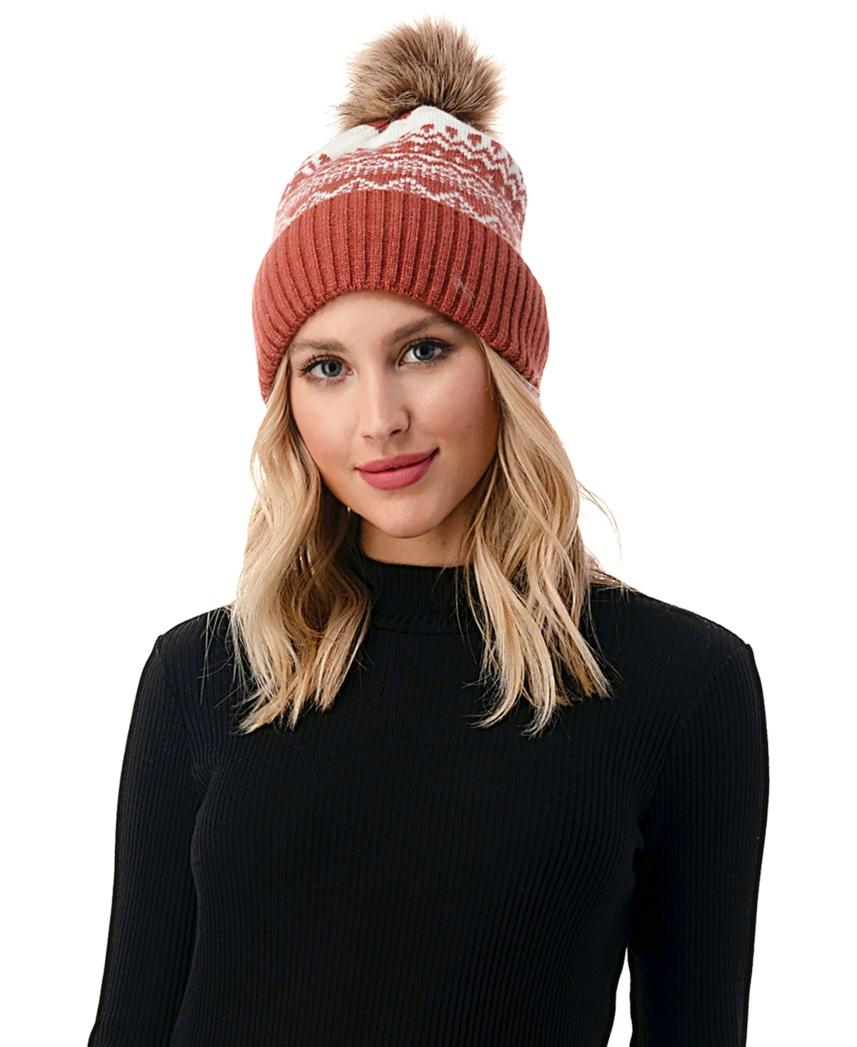 Women's Fair isle Faux Fur Pom Beanie - Aubergine