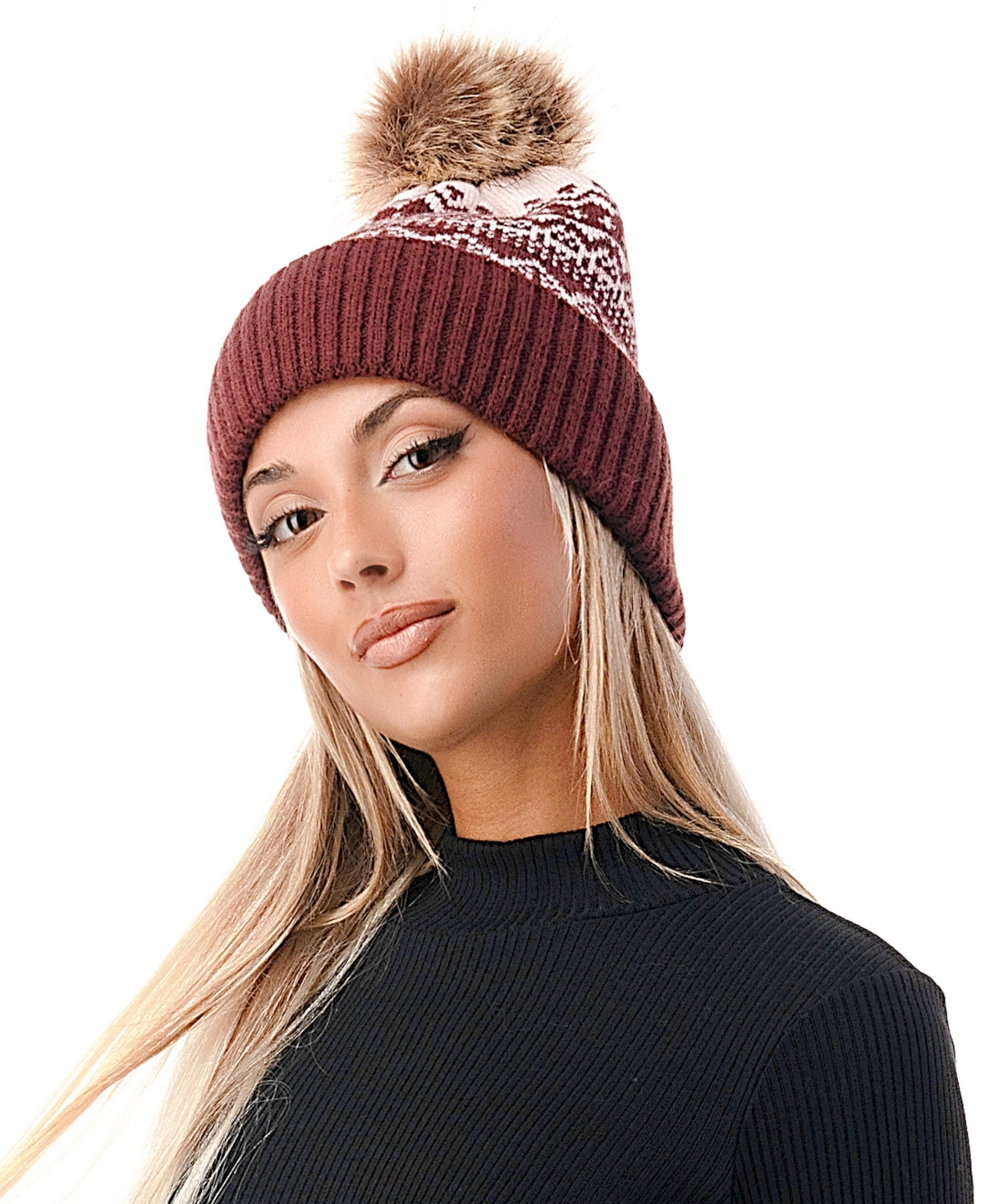 Marcus Adler Women's Fair Isle Faux Fur Pom Beanie In Mahagoney