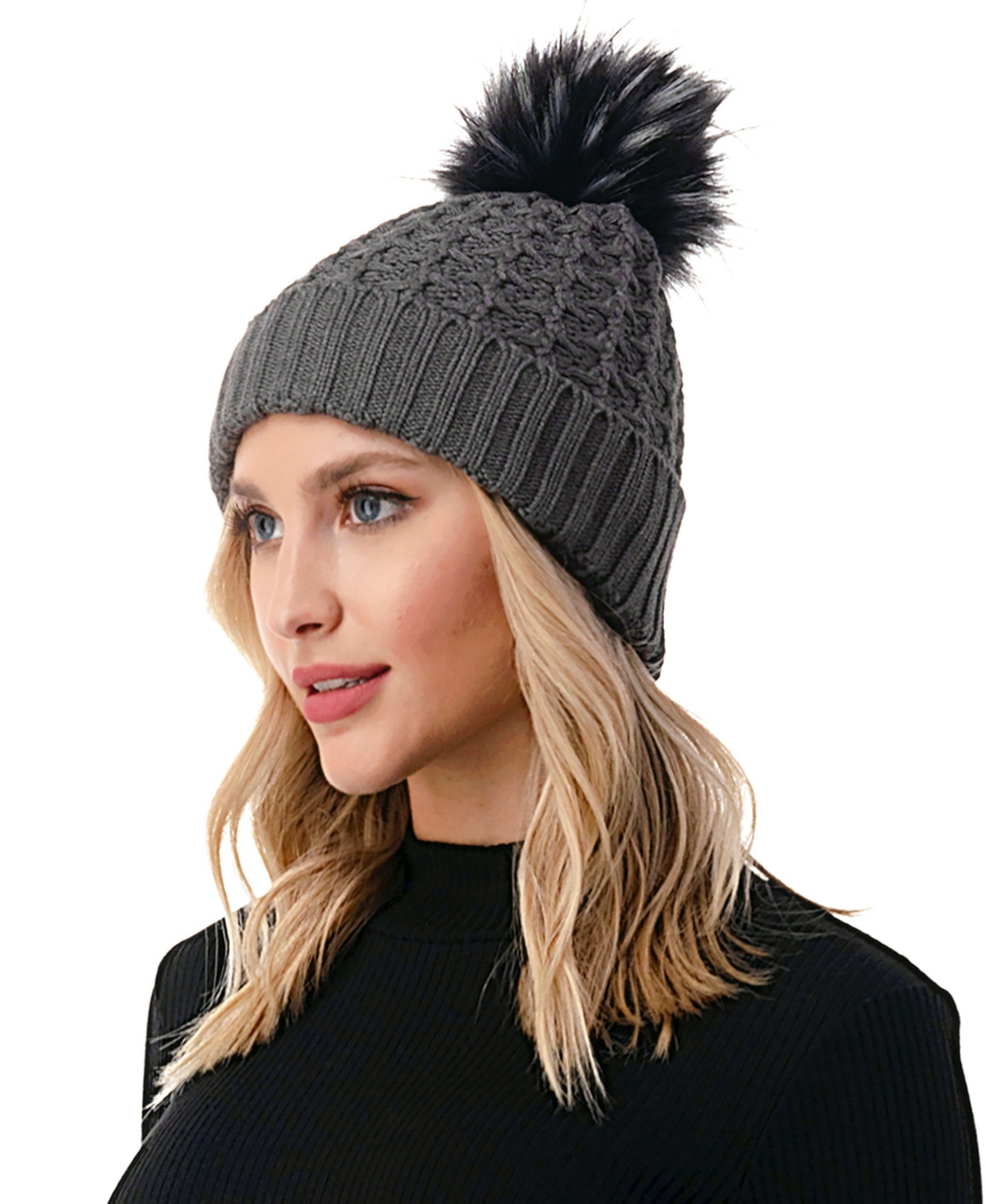 Marcus Adler Women's Cable Knit Faux Fur Pom Beanie