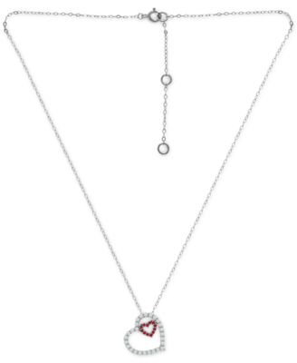 Lab-Grown Ruby & Cubic Zirconia Heart-in-Heart Pendant Necklace in Sterling Silver, 16" + 2" extender, Created for Macy's