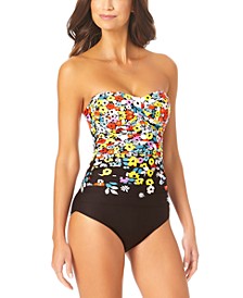 Ditsy Floral Twist-Front Strapless One-Piece Swimsuit