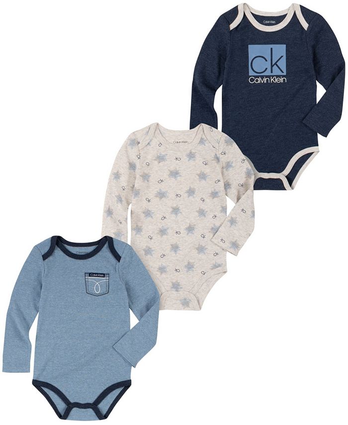 Calvin Klein Baby Boy Long Sleeve Signature Bodysuits Set, 3 Piece