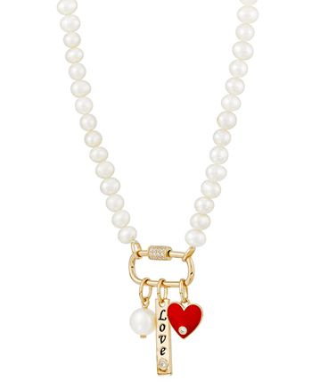 Macy's - Cultured Freshwater Pearl (4mm & 7mm), Cubic Zirconia, & Enamel Carabiner Love Charm 18" Pendant Necklace