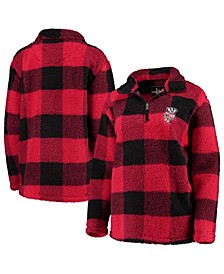 Women's Red, Black Wisconsin Badgers Plaid Sherpa Quarter-Zip Pullover Jacket
