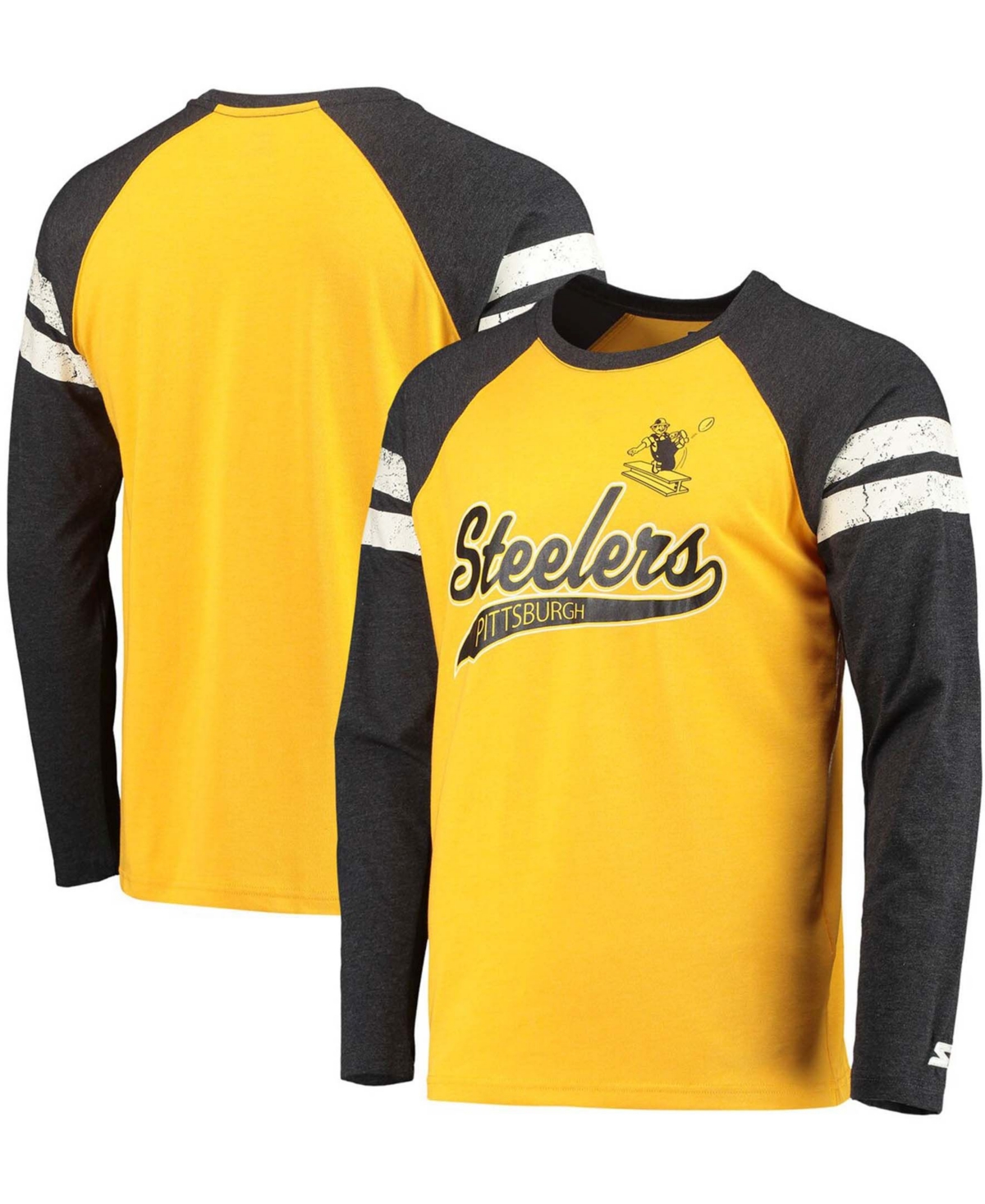 Shop Starter Men's Gold-tone, Black Pittsburgh Steelers Throwback League Raglan Long Sleeve Tri-blend T-shirt In Gold-tone,black