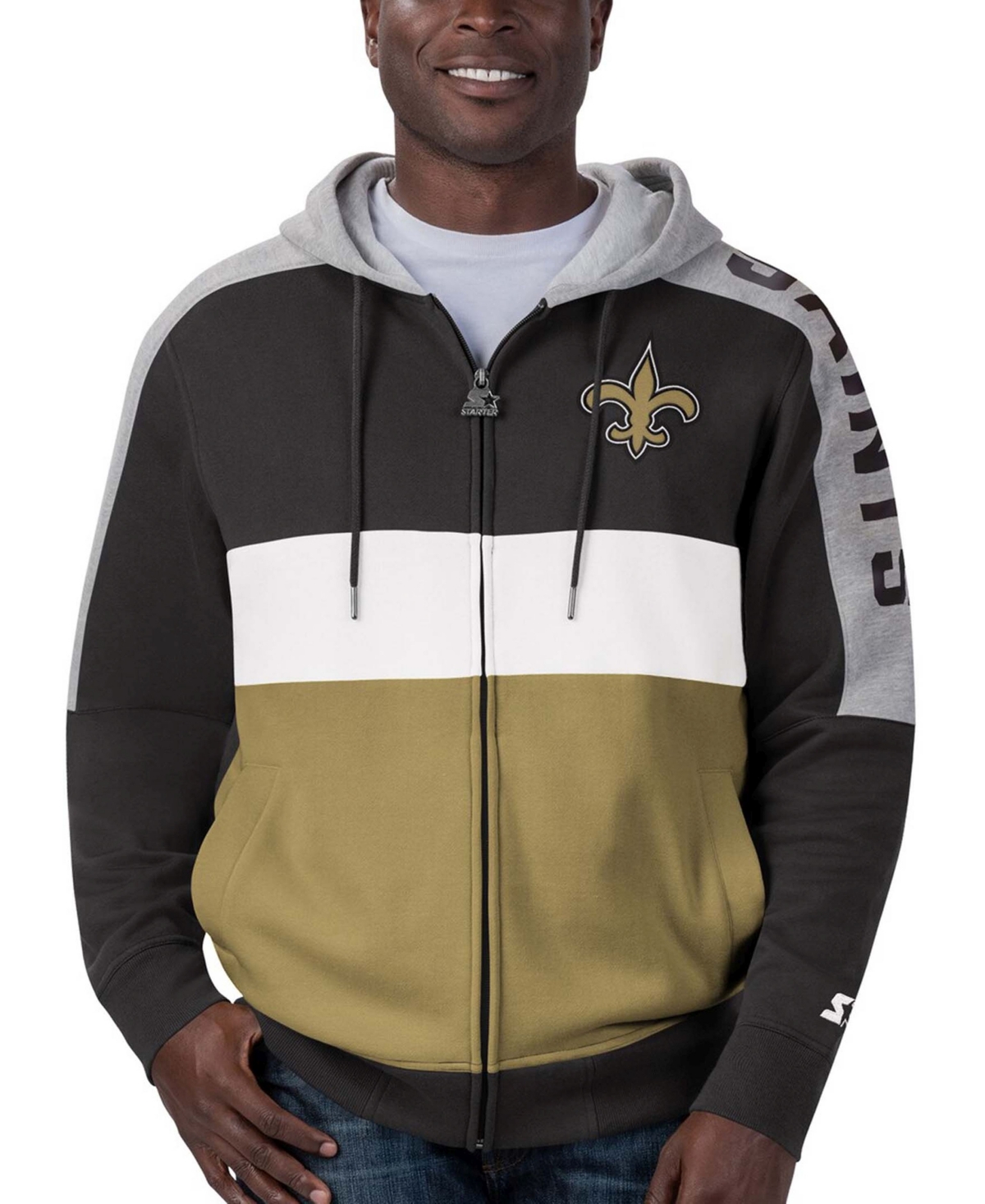 Shop Starter Men's Black, Gold-tone New Orleans Saints Playoffs Color Block Full-zip Hoodie In Black,gold-tone