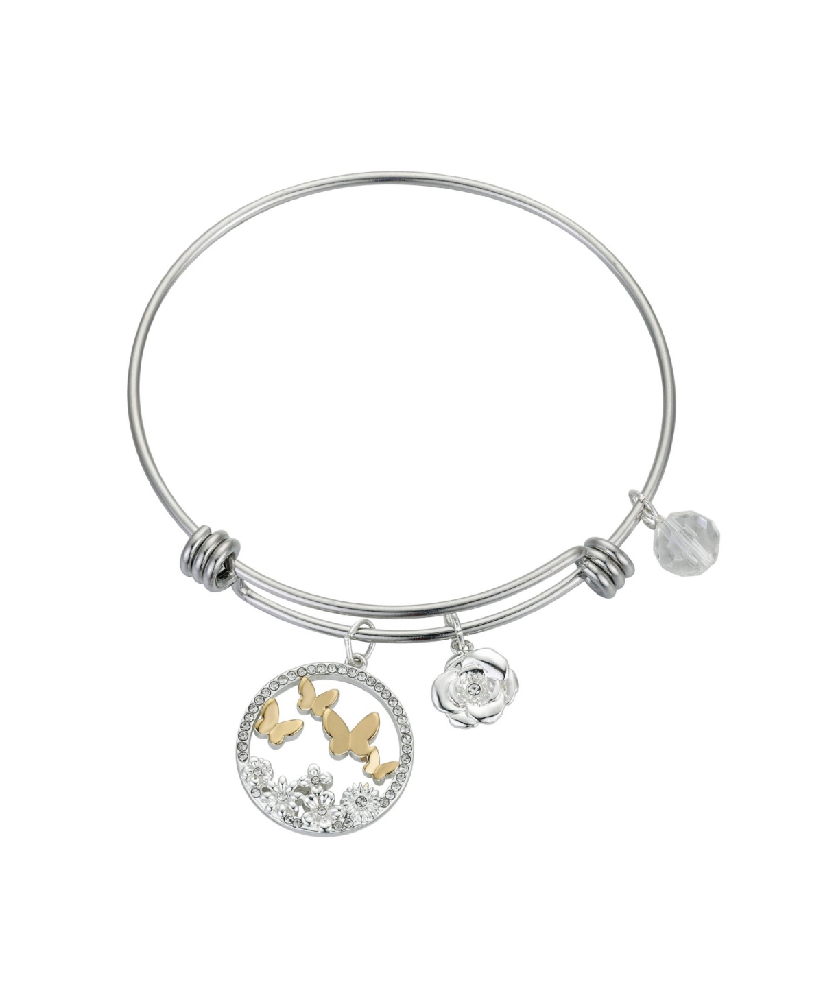 Two-Tone Crystal Butterfly Stainless Steel Adjustable Bangle - Silver, Gold