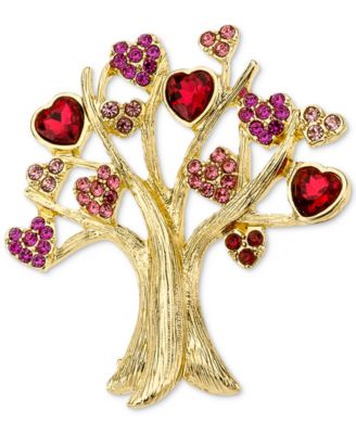 Holiday Lane - Gold-Tone Crystal Heart Tree Pin