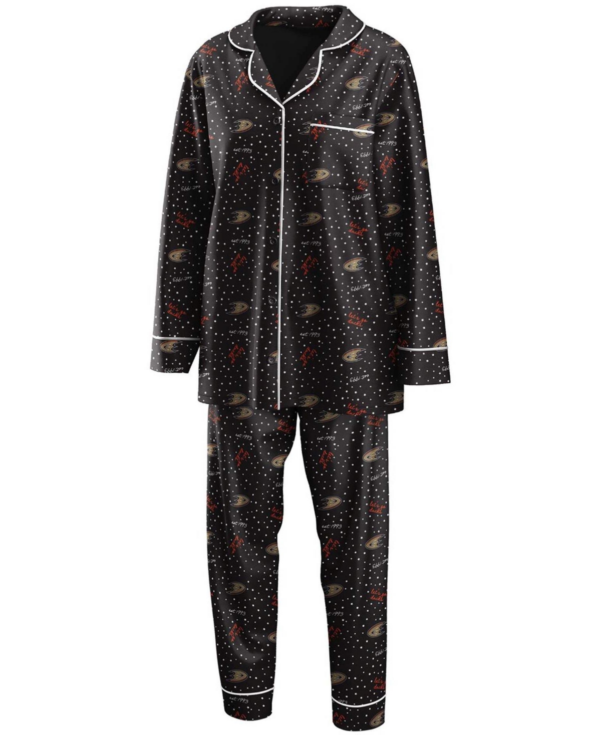 Women's Black Anaheim Ducks Long Sleeve Button-Up Shirt and Pants Sleep Set - Black