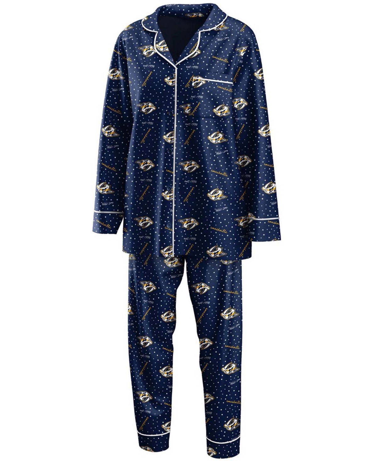 Women's Navy Nashville Predators Long Sleeve Button-Up Shirt Pants Sleep Set - Navy