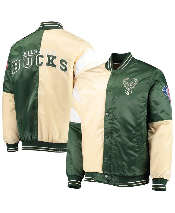 Starter Men S Cream Hunter Green Milwaukee Bucks 75th Anniversary Leader Color Block Satin Full Snap Jacket Reviews Men Macy S