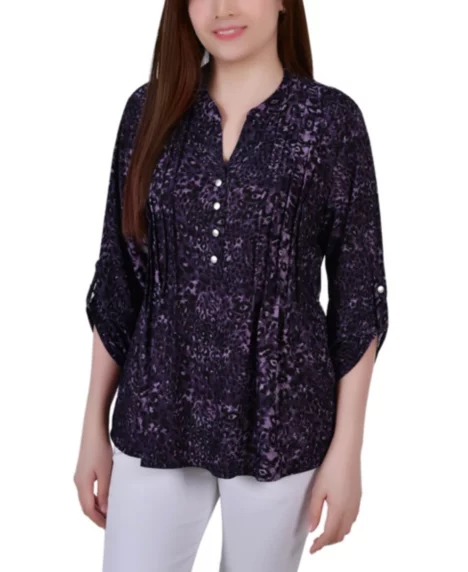 Petite Pintuck Roll Tab Sleeve Top - Animal Print