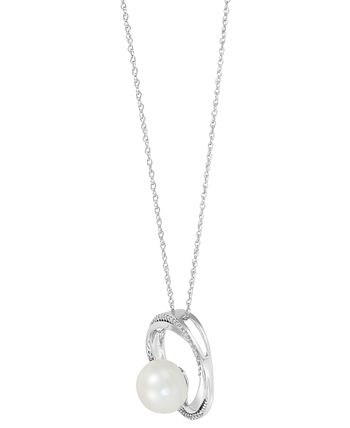 Honora - Cultured Freshwater Pearl (9mm) & Diamond (1/10 ct. t.w.) Circle 18" Pendant Necklace in 14k White Gold