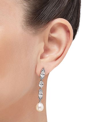 Macy's - Cultured Freshwater Pearl (8-1/2mm) & Cubic Zirconia Linear Drop Earrings in Sterling Silver