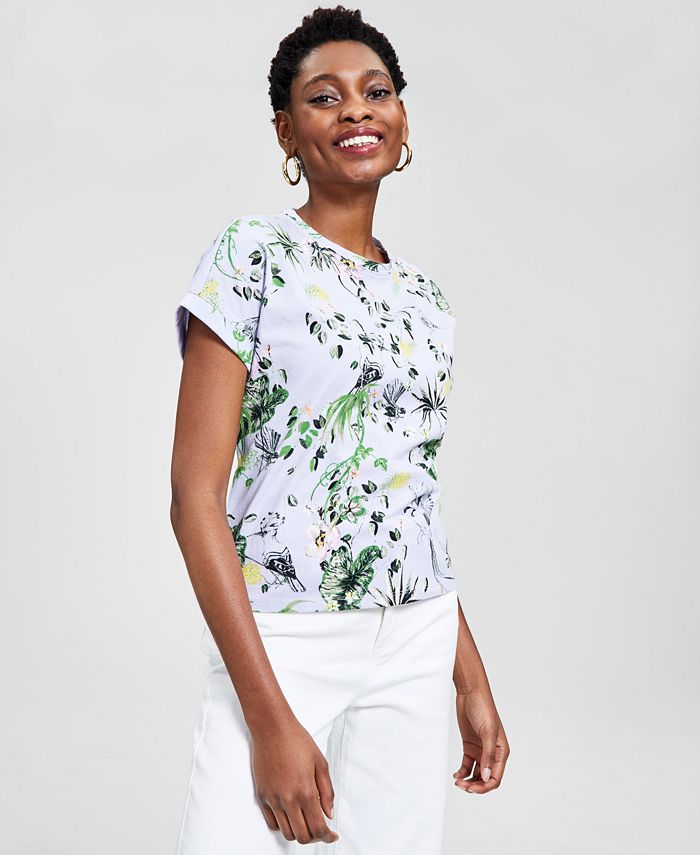INC International Concepts Women's Cotton CuffedSleeve Floral Print T