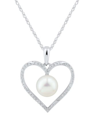 Macy's - Cultured Freshwater Pearl (7mm) & Diamond (1/7 ct. t.w.) Heart 18" Pendant Necklace in 14k Gold