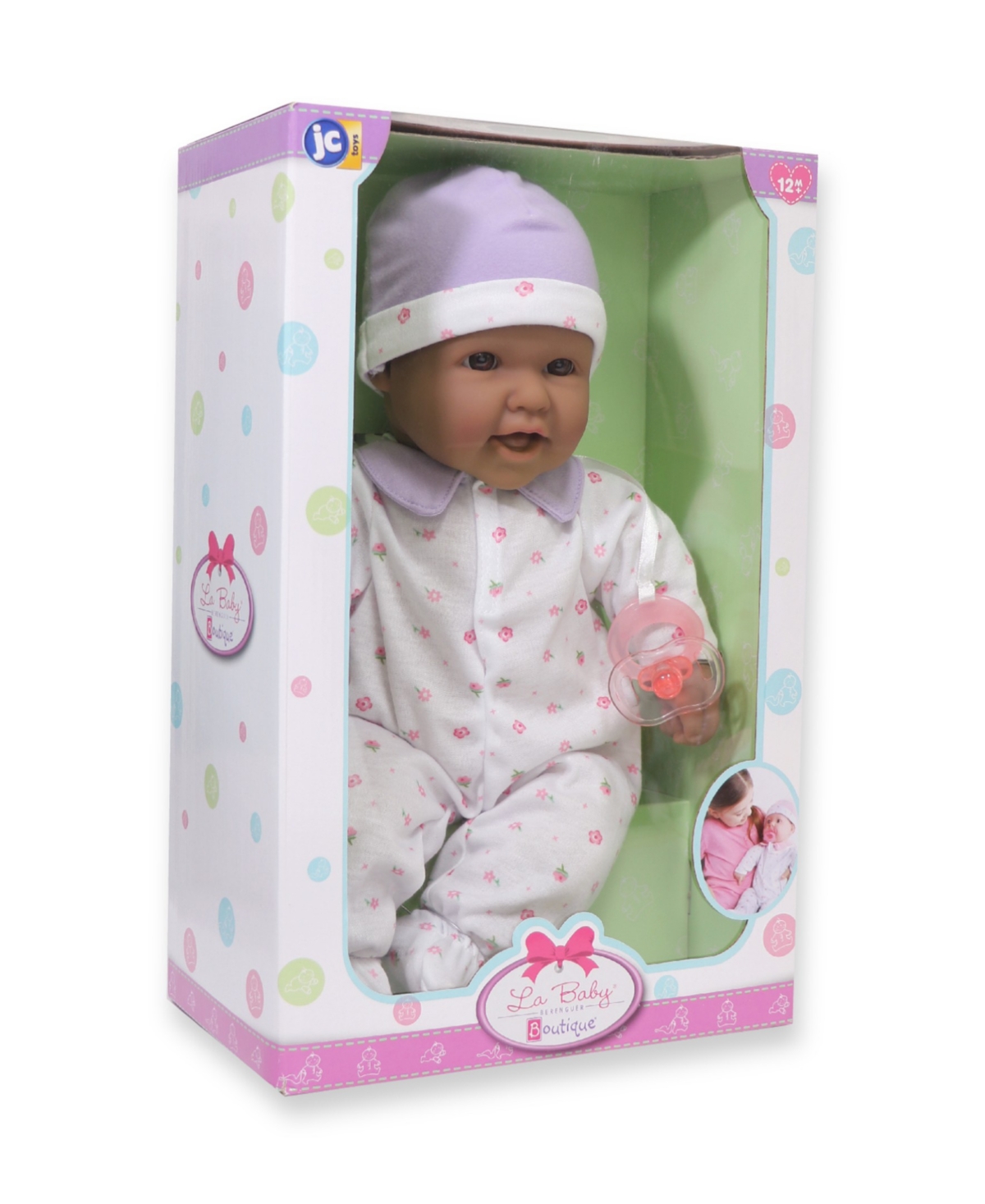 JC TOYS LA BABY HISPANIC 16" SOFT BODY BABY DOLL PURPLE OUTFIT 