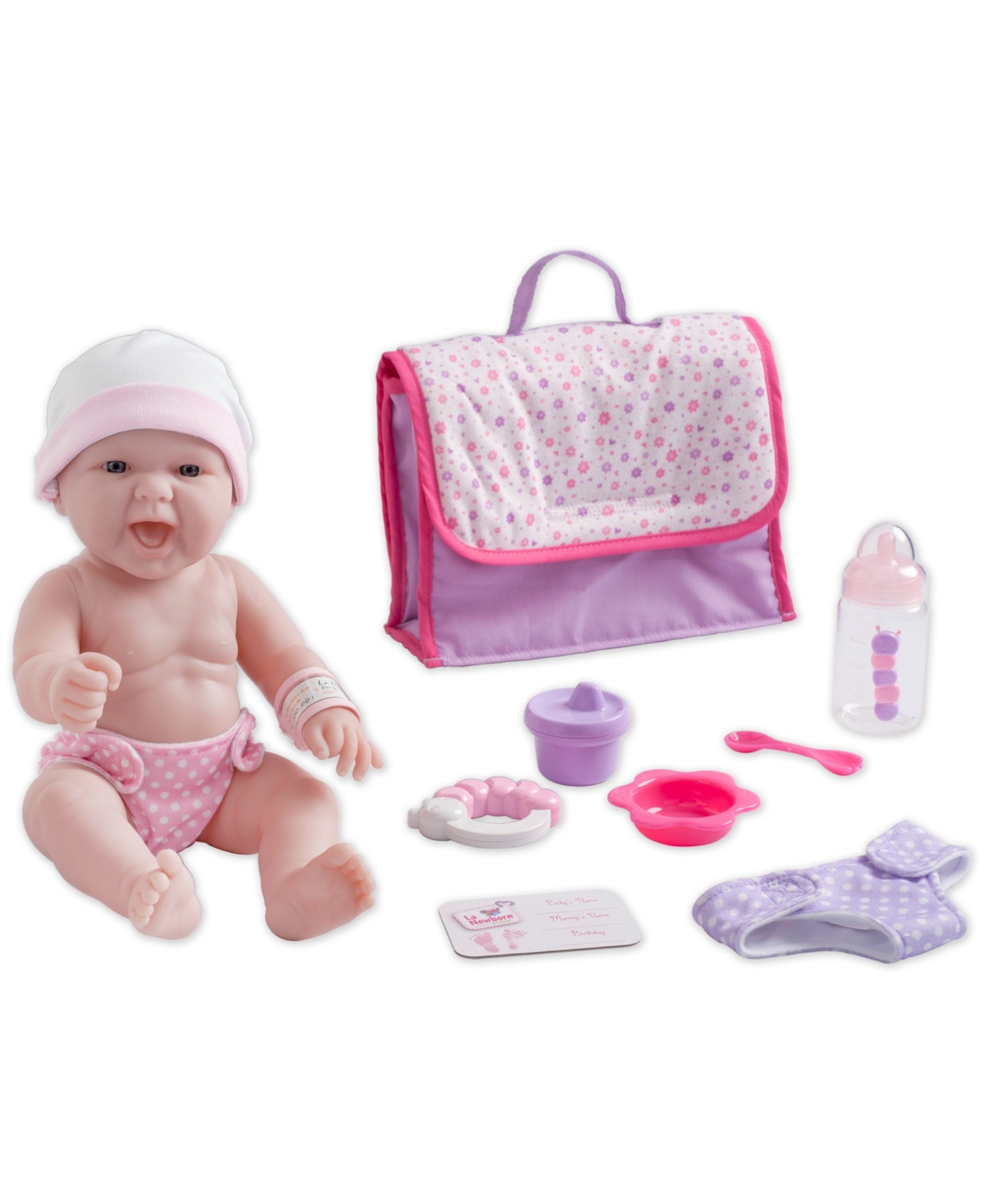 Jc Toys La Newborn 13" Smiling Baby Doll 10 Pcs Diaper Bag Gift Set In Diaper Bag Set - Pink