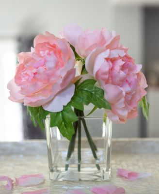 9" Artificial Silk Peony Arrangement in Glass Pot