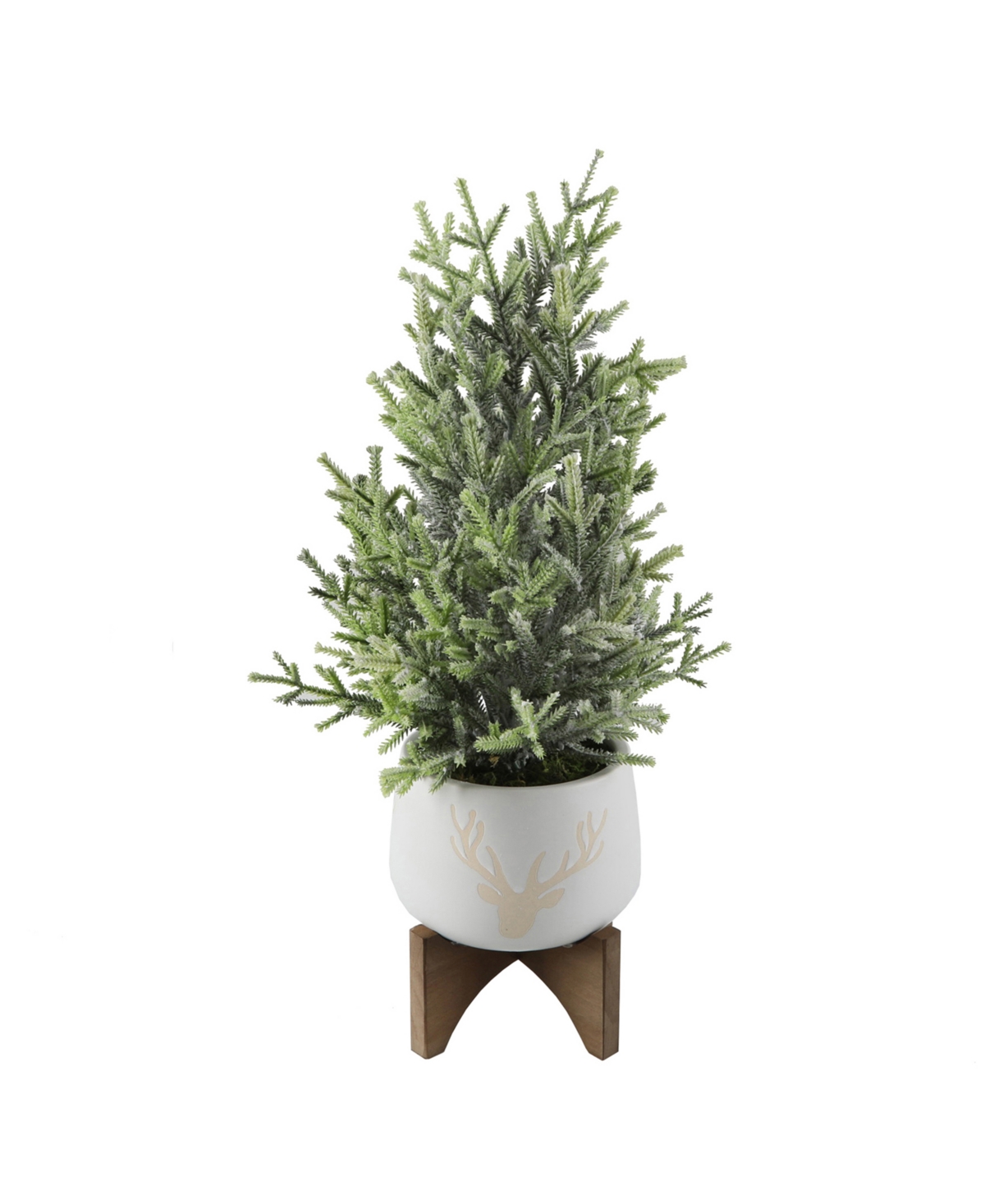20" Artificial Frosted Christmas Tree in 6" Stag head Ceramic on Wood Stand - White, Green-Plants