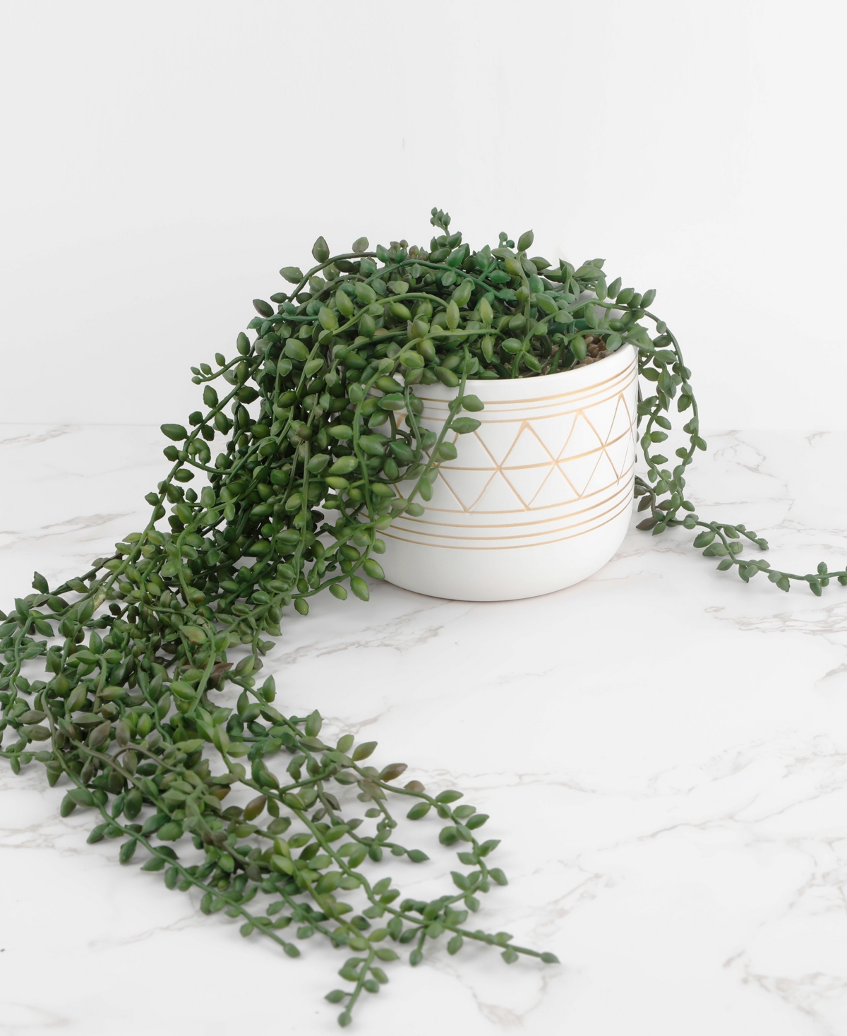 Flora Bunda 17.5" String Of Artificial Beads In 5" Geo Ceramic Pot In White,green-plants