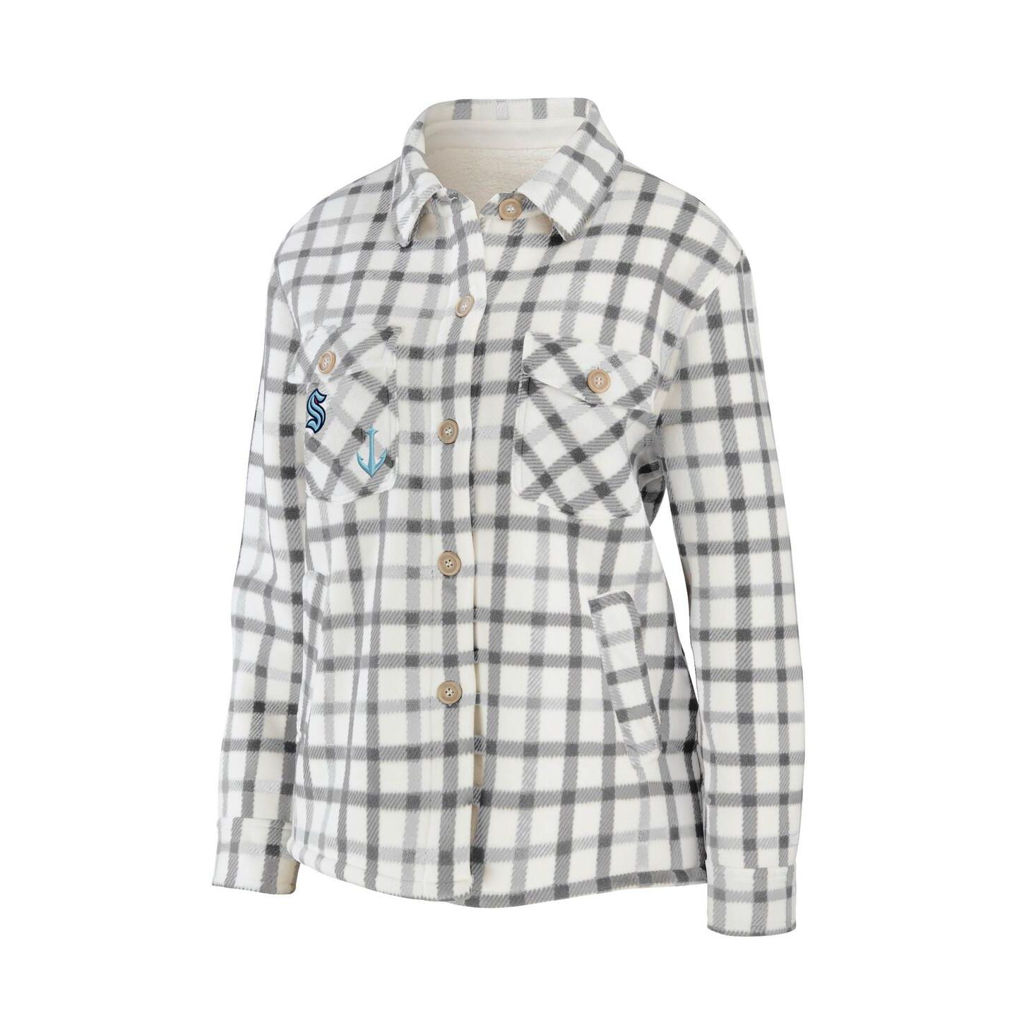 Женская куртка WEAR by Erin Andrews Oatmeal Seattle Kraken Plaid Button-Up Shirt Jacket — фото 3