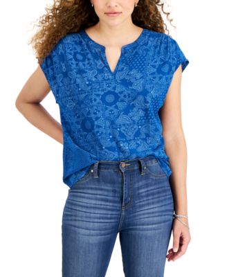 Style & Co - Petite Paisley Patches Split-Neck Blouse, Created for Macy's
