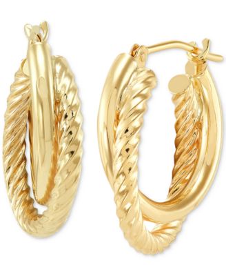 Twisted & Smooth Small Hoop Earrings in 14k Gold, 15mm