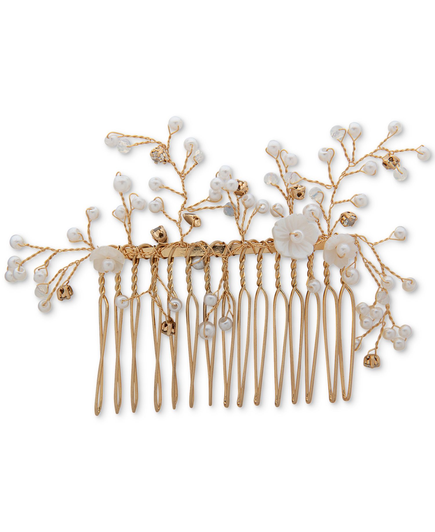 Gold-Tone Pav&eacute;, Bead & Imitation Pearl Flower Hair Comb