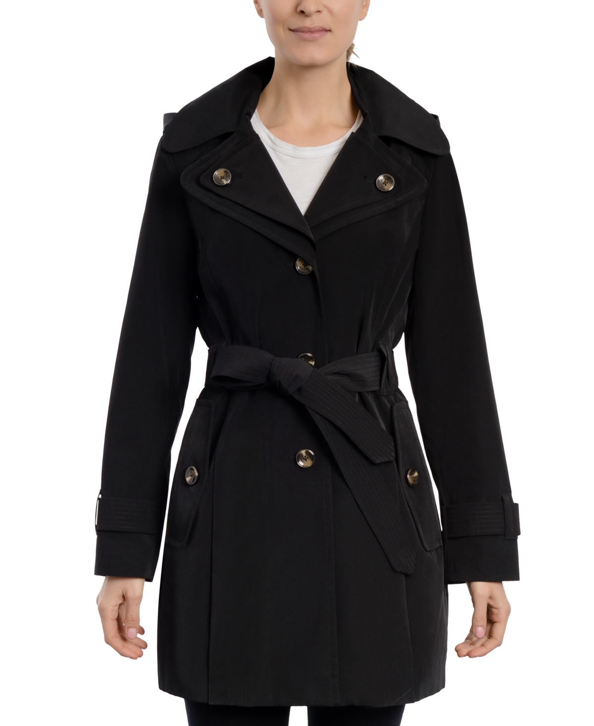 London Fog Women s Petite Hooded Belted Trench Coat Smart Closet