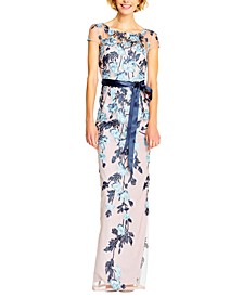 Floral-Embroidered Column Gown