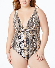 Plus Size Walk On the Wild Side Printed Plunging One-Piece Swimsuit