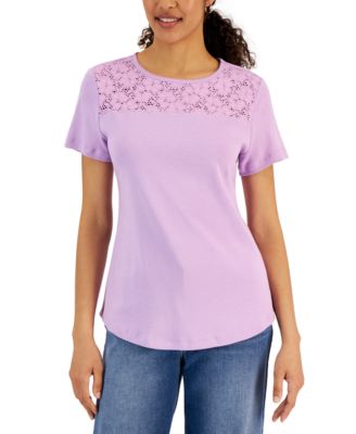 Karen Scott - Petite Cotton Crochet-Contrast T-Shirt