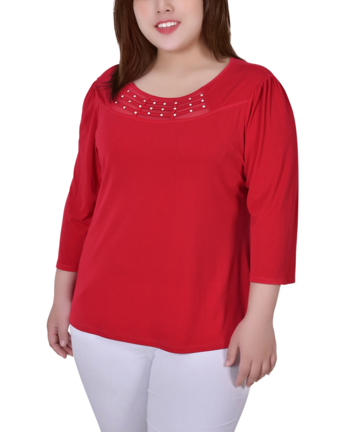 Plus Size 3/4 Sleeve Crepe Knit with Strip Details Top - Jalapeno Red