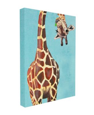 Curious Upside Down Giraffe Chewing Leaves on Blue Background Stretched Canvas Wall Art, 16" x 20"