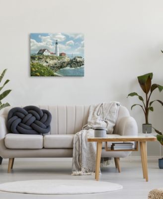 Portland Head Lighthouse Scene Grassy Ocean Side Peninsula with Sail Boat Stretched Canvas Wall Art, 24" x 30"