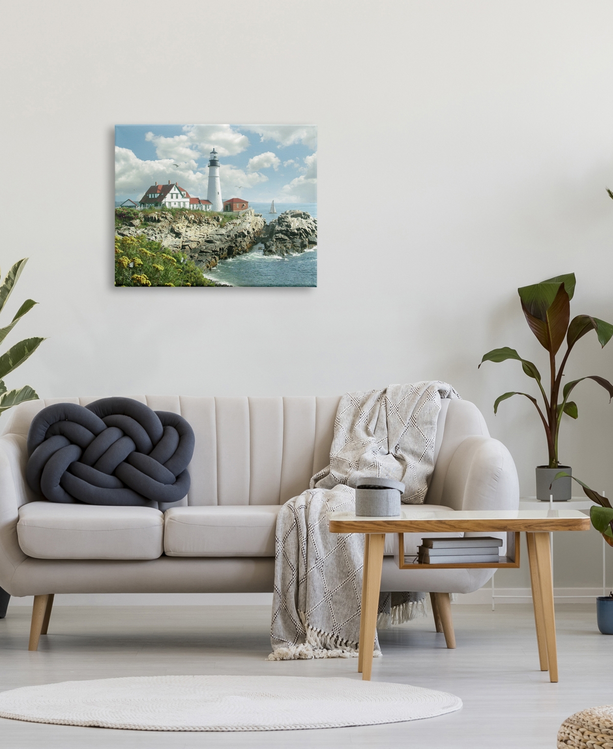 Stupell Industries Portland Head Lighthouse Scene Grassy Ocean Side Peninsula with Sail Boat Stretched Canvas Wall Art, 24