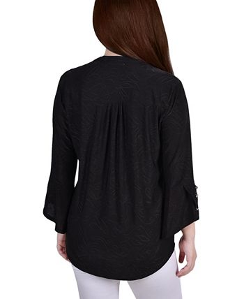 Taupe Geobreeze 3/4 Sleeve Overlapped Bell Sleeve Y Neck Top - Petite