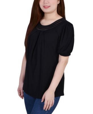 Petite Short Puff Sleeve Mesh Inset Top