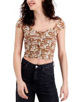 Almost Famous - Juniors' Printed Mesh Ruched Top