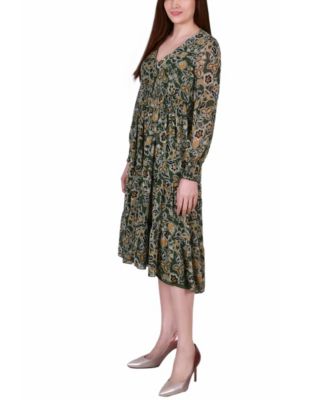 Women's Long Sleeve Clip Dot Chiffon Dress with Smocked Waist and Cuffs Dress