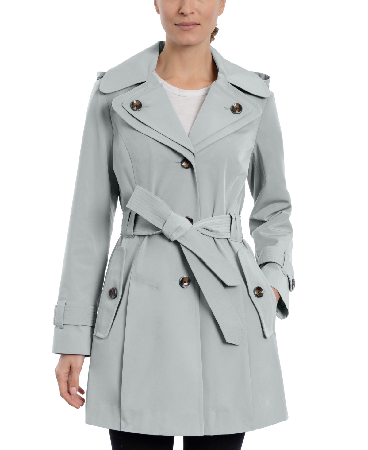 London Fog Women s Petite Hooded Belted Trench Coat Smart Closet
